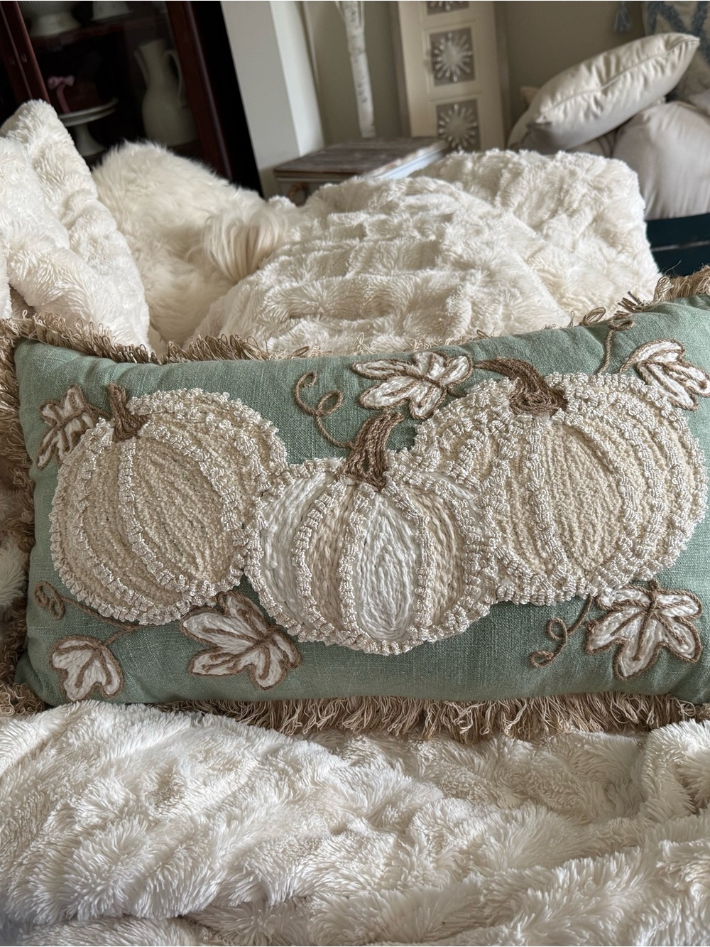 Well Dressed Home- beautiful sage, cream& taupe shades embroidered pumpkins